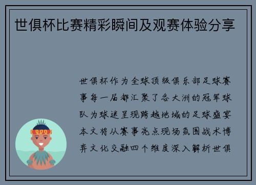 世俱杯比赛精彩瞬间及观赛体验分享